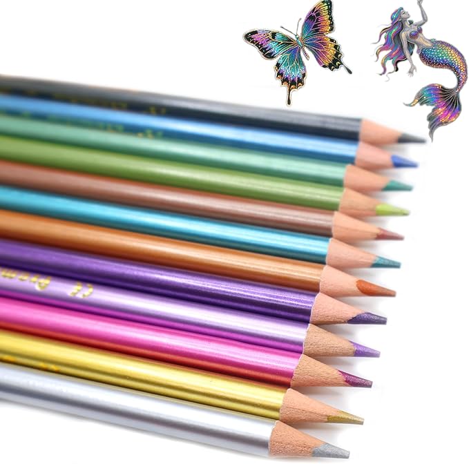 12 Metallic Colored Pencils, Soft Core with Vibrant Glitter Color Pencil for Adults Artists Beginners Drawing Coloring Sketching, Pre-sharpened