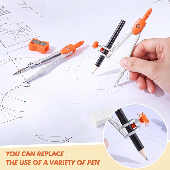 Zonon Math Geometry Set for Students 10 Pcs Compass Geometry Tools Kit Includes Protractor Compass Lead Refills Rulers Pencil Sharpener Eraser Pencil Storage Box for Drafting and Drawings(Orange)
