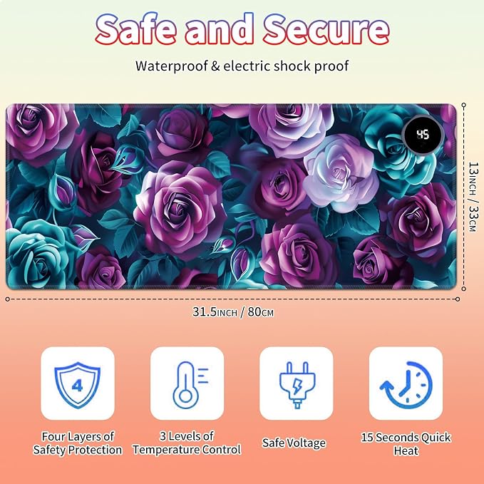Heated Desk Pad Large Mouse Pad 31.5 x 13 inch with 3 Levels Heating & Auto Shut-Off Warm Mouse pad PU Leather Computer Mousepad for Home Office Work - Colorful Rose Flowers