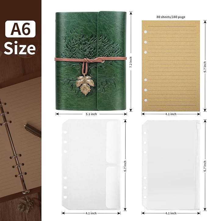 Billtigif PU Leather Journal Notebook, Refillable Travel Writing Journals Diary, Gifts for Women, Men, Teen Girls and Boys, 100GSM Lined Paper,160 Pages(Green, A6 5.1" x 7.2")