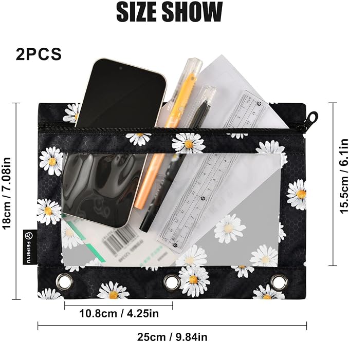 White Daisy Flower Black Pencil Pouch for 3 Ring Binder 2 Pack Zipper Binder Pencil Bag with Clear Window Pencil Case for Office Supplies