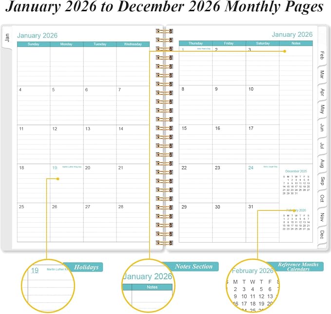 Planner 2026 - A5 Weekly & Monthly Planner Spiral Bound, January 2026 to December 2026, Planners 2026 with Flexible Cover, Tabs, Inner Pocket, 6.4" x 8.5", Teal Flowers