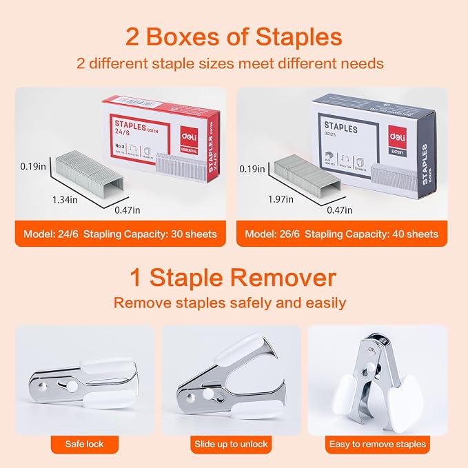 Deli Stapler, Effortless Staplers for Desk, 6 Pack, Black&White | 40 Sheet Capacity Heavy Duty, One Touch, No Effort, Easy to Load, With 12000 Staples & Staple Removers
