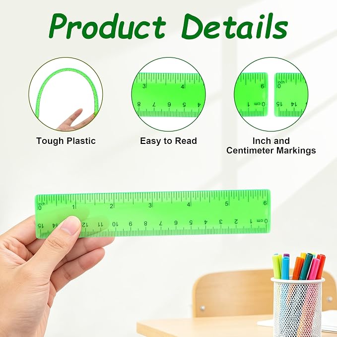 Plastic Clear Ruler Math Set - 6'' 12'' Transparent Straight Ruler, 4'' 6'' Protractor, 30/60 & 45/90 Triangle Ruler, Geometry Math Measuring Tool for School Home Office Drawing Teachers Kids Green