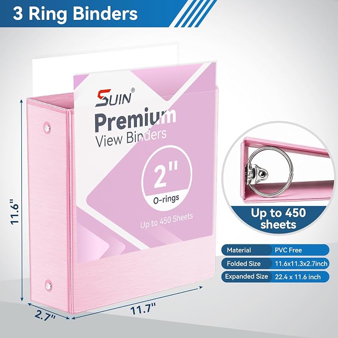 SUIN 2-Inch 3-Ring Binders with 2 Interior Pockets, Heavy Duty Clear View Presentation Binder Holds 425 Sheets Letter Size, Office School Home,6 Pack (Brushed Pastel)