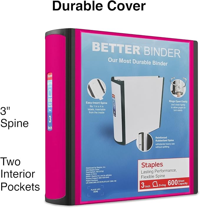 Staples Better Binder, 3" Heavy‑Duty D‑Ring 3‑Ring Binder, Pink, Reinforced Spine, 600‑Sheet Capacity, Durable Organizer for Office, School & Presentations, 2‑Pack