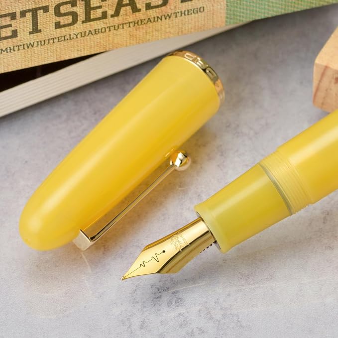 Jinhao 9019 DaDao Series Fountain Pen, Size 8 Medium Heartbeat Nib with Large Ink Converter, Yellow Jade Acrylic Design Smooth Writing Pen (Gold Trim)
