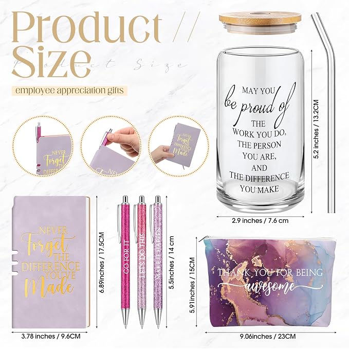 Funnymoom 6 Pcs Appreciation Gifts Set for Women Back to School Teacher Gifts Employee Thank You Gift with 17 oz Glass Tumbler Journal Pens and Pouch for Coworkers Educators,Marble,Purple