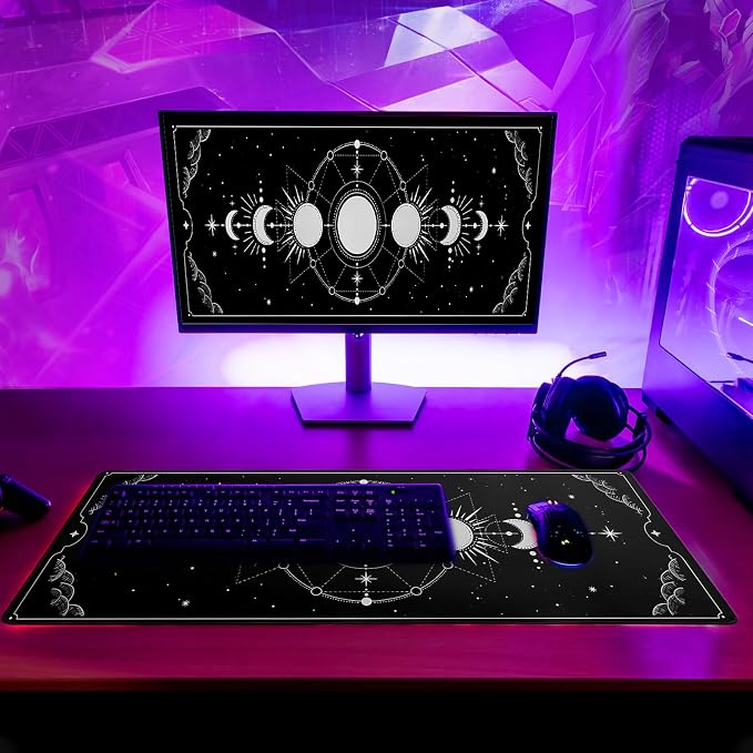 Sun Moon Gaming Mouse Pad Black Large Mouse Pad for Keyboard and Mousepad Desk Mat with 3mm Non-Slip Base and Stitched Edge for Gaming and Office Computer Mat Protector Mat 27.6x11.8 Inch