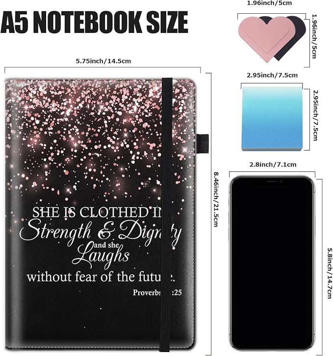 Hardcover Executive Notebooks, A5 PU Leather Lined Journal Notebook, 200 Pages Thick Paper Subject Notebooks for School,Work,Home Writing Business Notebook,Proverbs 31-25 Bible Verse Rose Gold