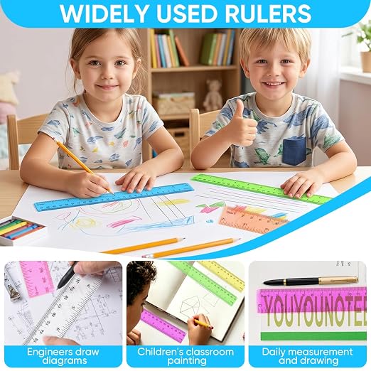 SenseYo 48 Pcs Clear Plastic Rulers 12 Inch Color Transparent Ruler with Centimeters and Inches for Kids Classroom Office Supplies