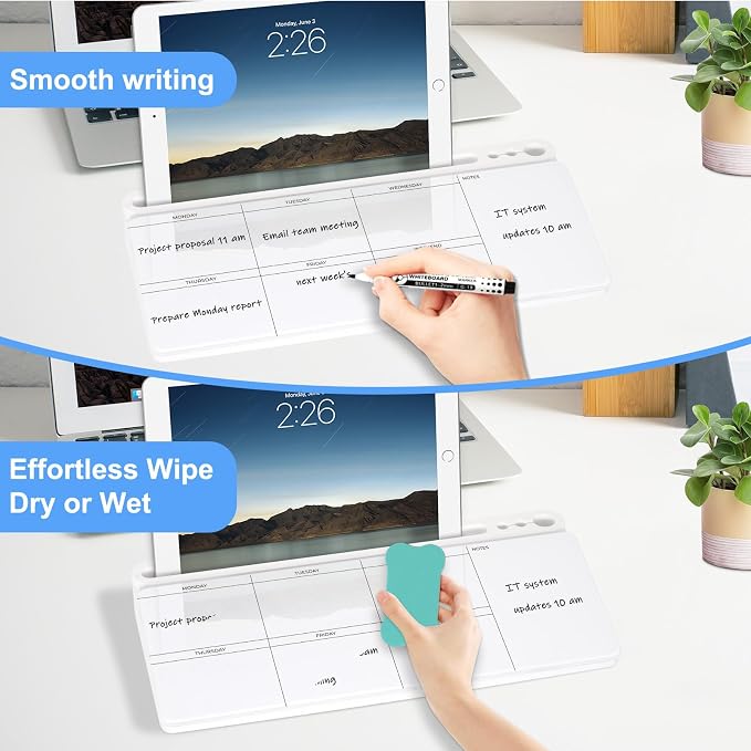 Desktop Glass Whiteboard with Storage, Weekly Calendar Desk White Board | Computer Keyboard Stand, Office Desk Organizers and Accessories with Drawer, To Do Memo Notepad, Home School Supplies