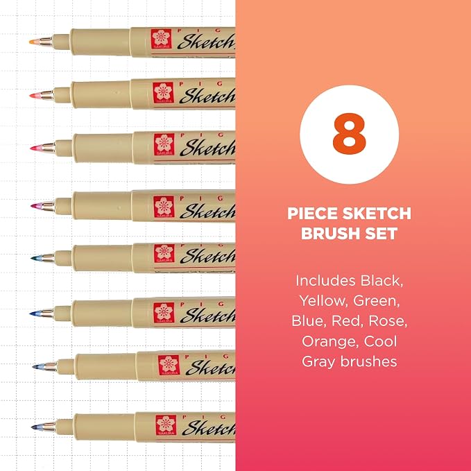 SAKURA Pigma Sketch Brush Pens - Multi-Color Pen Set for Calligraphy, Brush Lettering & Illustration - Fluid & Precise for Smooth Transitions - Archival Ink - Assorted Colors - 8 Count