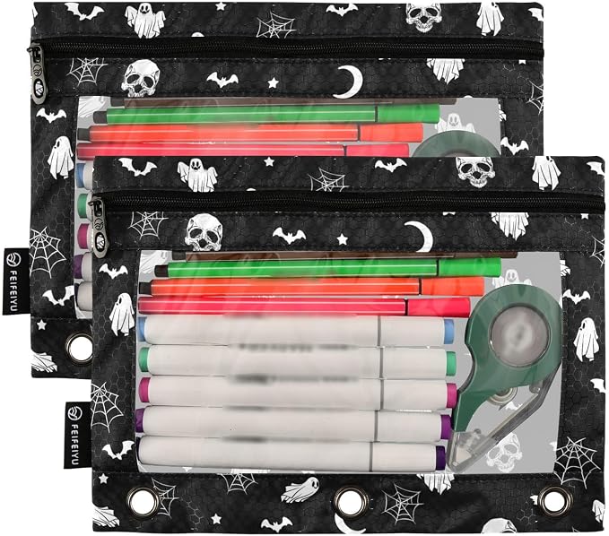Halloween Ghost Gothic Pencil Pouches for 3 Ring Binder, Zipper Binder Pencil Case, 2 Pack Clear Window Case Bag for Office Organizers