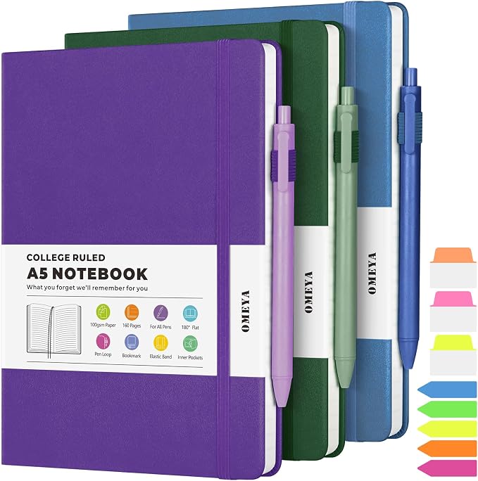 OMEYA A5 Hardcover Notebooks for Work: 3 Pack, 100gsm Paper, 160 Pages Each | College-Ruled, 5.75" x 8.38", PU Leather Hardcover, 3 Pens, 2 Inner Pockets, 180° Lay-Flat, For Business, School