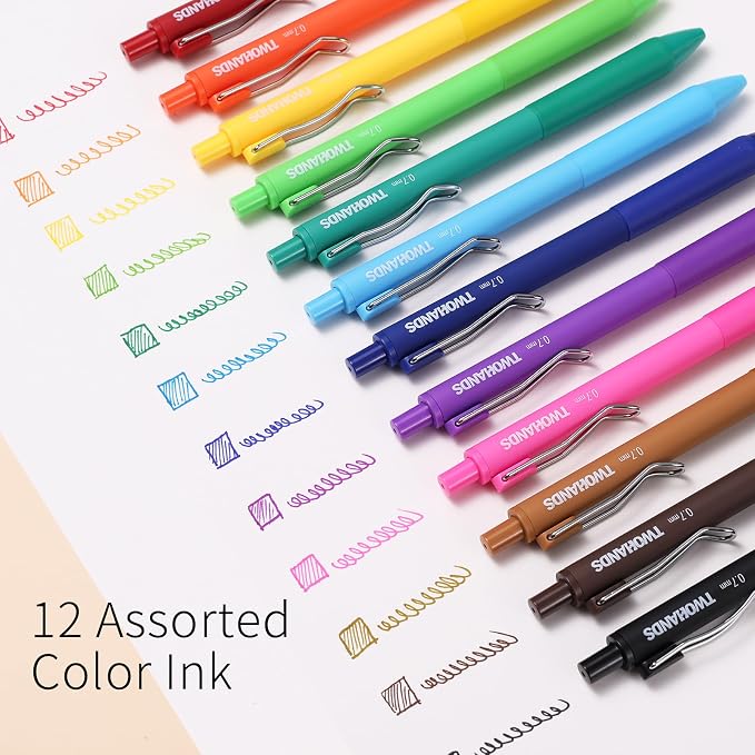 TWOHANDS Colored Gel Pens 0.7mm Fine Point 12 Pack | Quick Dry Colorful Ink Pens,No Bleed,Retractable Smooth Writing Pens for Journaling,Note Taking,With Grip,23506