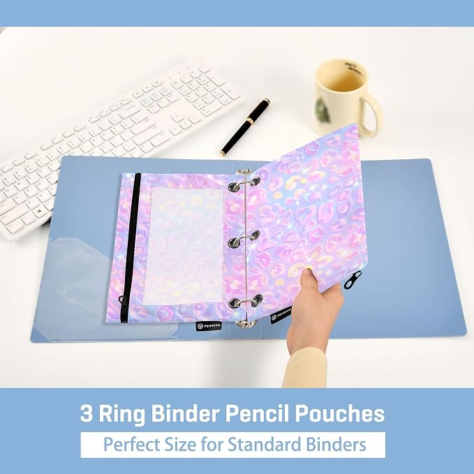 Gredecor Binder Pencil Pouch 3 Ring Pastel Leopard Purple Zipper Pencil Pouches Case 2 Pack Clear Binder Organizer for School Office