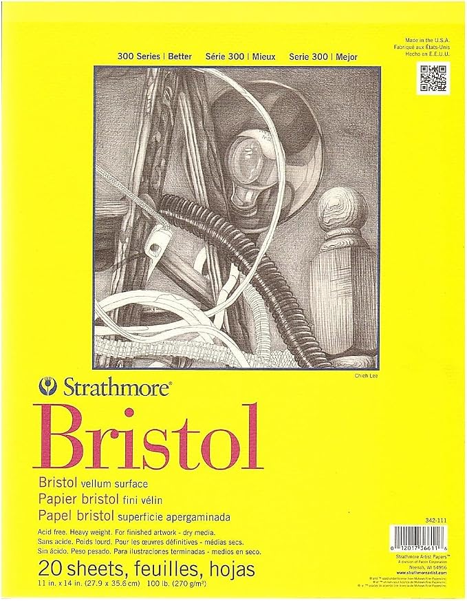 Strathmore 300 Series Bristol Paper Pad, Vellum, Tape Bound, 11x14 inches, 20 Sheets (100lb/270g) - Artist Paper for Adults and Students - Charcoal, Pen and Ink, Marker, and Pastel