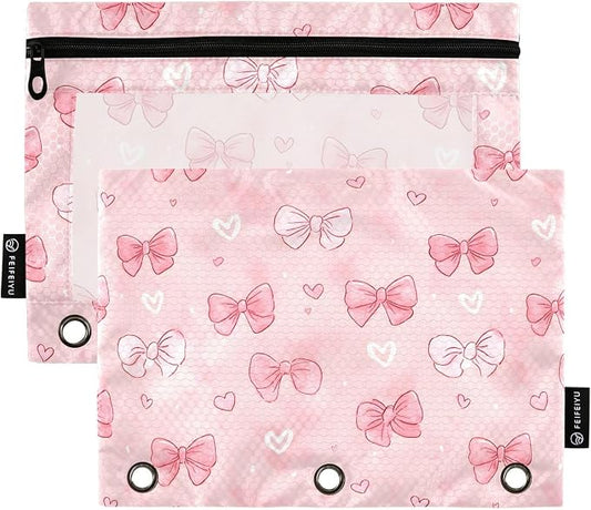 White Pink Bow Heart Pencil Pouch for 3 Ring Binder 2 Pack Zipper Binder Pencil Bag with Clear Window Pencil Case for Office Supplies