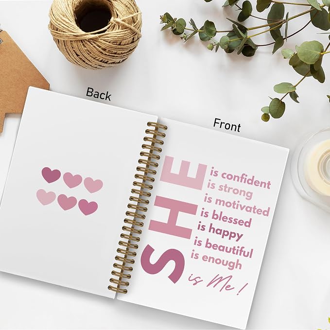 She Is Me Inspirational Spiral Notebook for women, Positive Affirmations Journal Notebook, Pink Self Love Notebooks for School Work, Motivational Office Supplies Gifts for Girls, 5.5x8.3 Inch