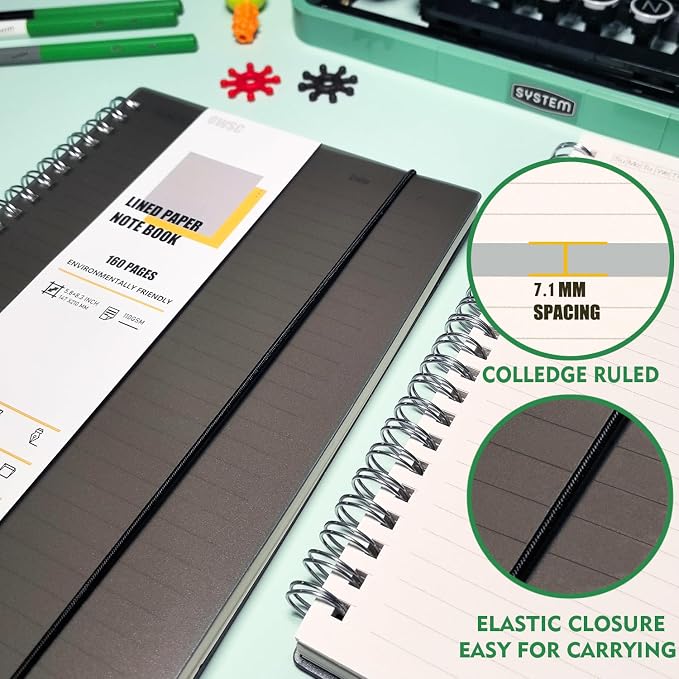 OWSC 1 Pack College Ruled Spiral Notebook Notebooks for Work A5 Lined Black | 5.9 x 8.3 IN Notebooks College Ruled for Note Taking, School and Journal with 80 Sheets/160 Pages 110 GSM Thick Papers