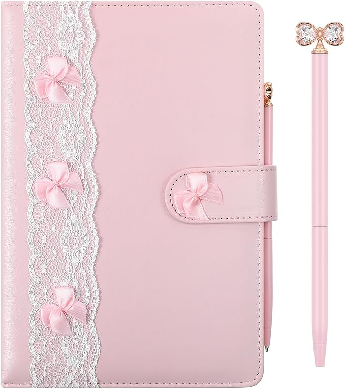 Thenshop Pink A5 Lined Leather Journal Notebook for Women, Hardcover Bow Lace Journal Set with Crystal Bow Pen and Black Gift Box, 160 Pages Thick Paper, Pink Diary for Writing Travel Business Office