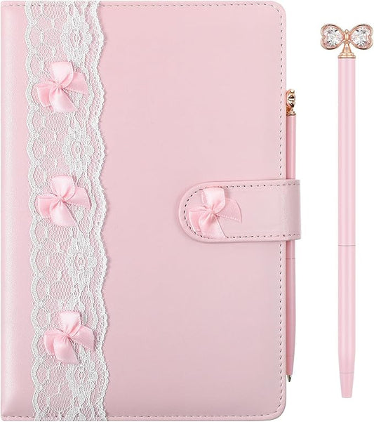 Thenshop Pink A5 Lined Leather Journal Notebook for Women, Hardcover Bow Lace Journal Set with Crystal Bow Pen and Black Gift Box, 160 Pages Thick Paper, Pink Diary for Writing Travel Business Office