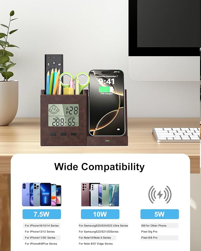 Desk Organizer with Wireless Charger, Digital Clock, Thermometer & Hygrometer - Multi-Functional Pencil Holder, Office Desk Accessories Storage Caddy for Home, Office, Men, Women (Battery Included)