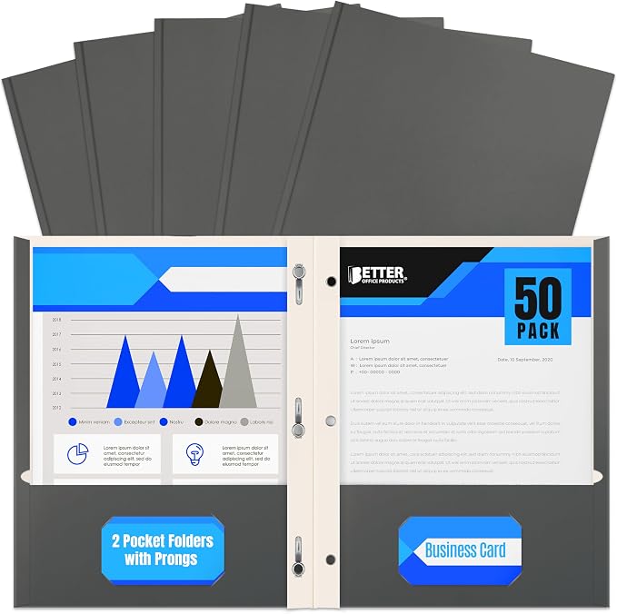 Better Office Products Gray Paper 2 Pocket Folders with Prongs, Matte Texture, Letter Size Paper Folders, 50 Pack, with 3 Metal Prong Fastener Clips, Gray