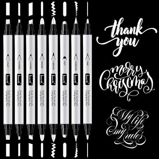 Brusarth Calligraphy Pens, 8 Size Dual Tip White Acrylic Calligraphy pen for Writing, Brush Pens Calligraphy Set for Beginners, Hand Lettering Pen for Art Drawing, Sketching, Scrapbooking