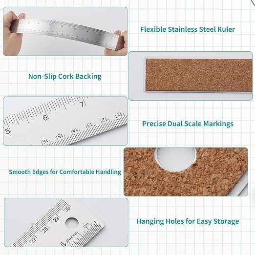 Metal Ruler 6 Inch 12 Inch Stainless Steel Ruler with Cork Backing, Non-Slip with Inch and Centimeters, Straight Edge Rulers for Student School Office Drafting Tools
