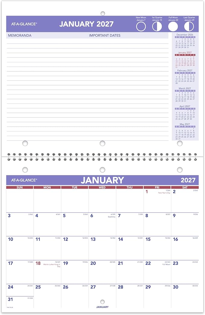 AT-A-GLANCE 2027 Wall Calendar, 8.5" x 11" Planner, Fits 3-ring Binder, Unruled Blocks, Monthly (PM1702827)