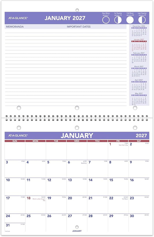 AT-A-GLANCE 2027 Wall Calendar, 8.5" x 11" Planner, Fits 3-ring Binder, Unruled Blocks, Monthly (PM1702827)