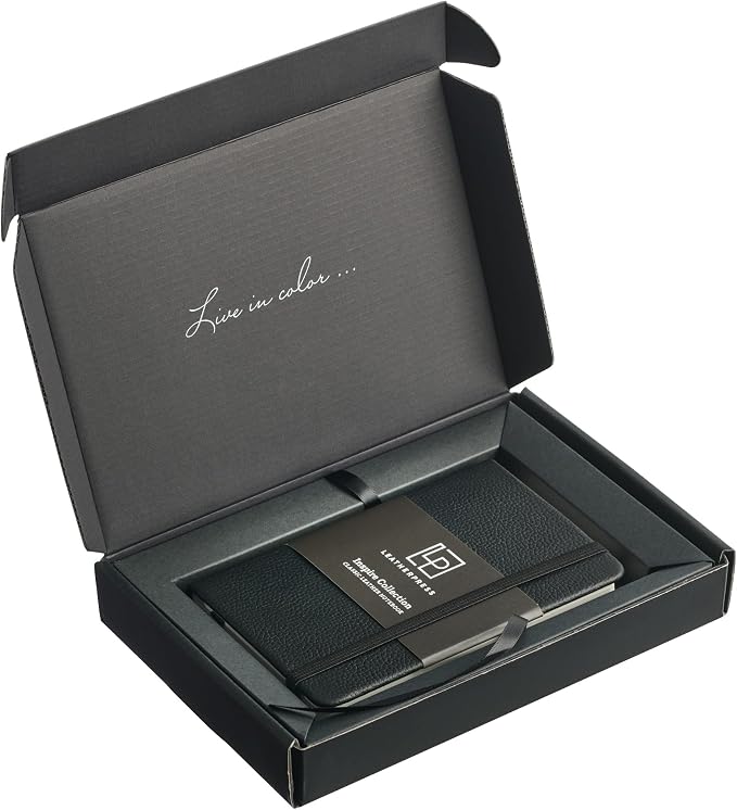 Leather Notebook, Writing Journal, Full-Grain Leather, Narrow Ruled Paper, Notebooks for Work & School, Midnight Black (8.4" x 5.4”)