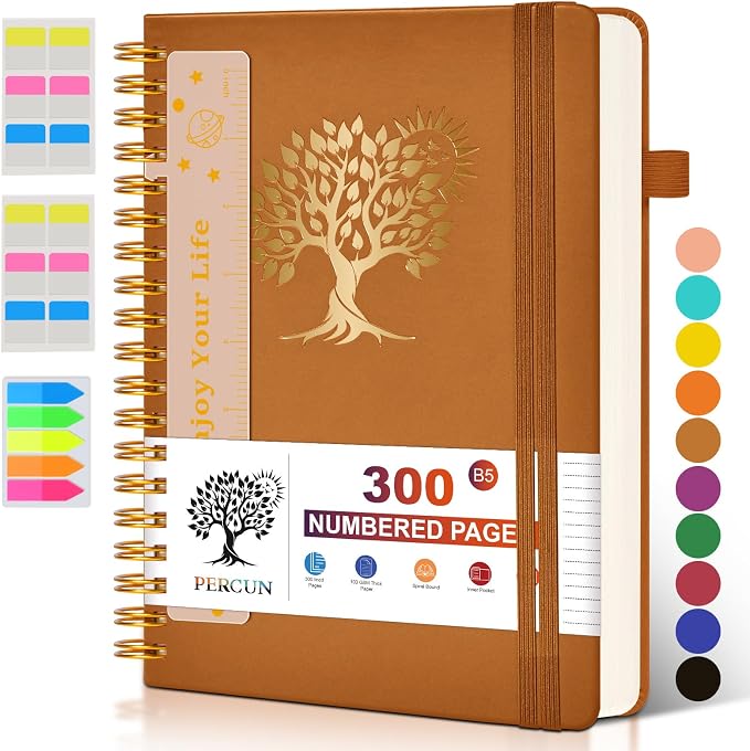 PERCUN B5 Spiral Notebook 300 Numbered Lined Pages Hardcover Journal 7"x10" | College Ruled Spiral Bound Notebook with Tabs, Large Leather Journal for Women Men, Work, School, Travel,Writing,Note Taking