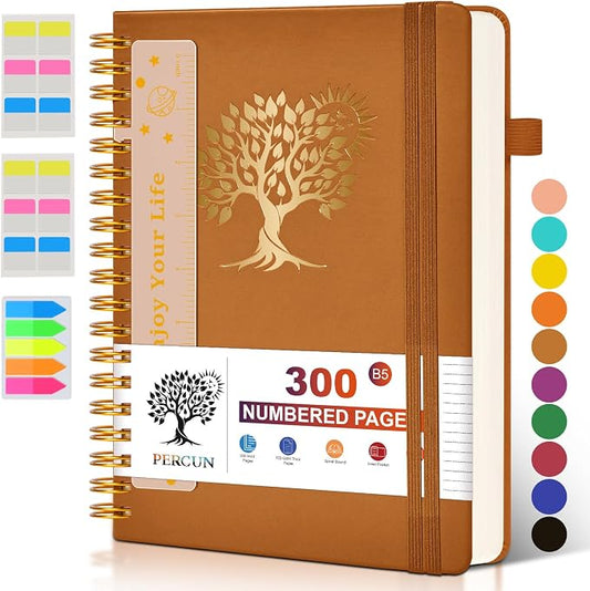 PERCUN B5 Spiral Notebook 300 Numbered Lined Pages Hardcover Journal 7"x10" | College Ruled Spiral Bound Notebook with Tabs, Large Leather Journal for Women Men, Work, School, Travel,Writing,Note Taking