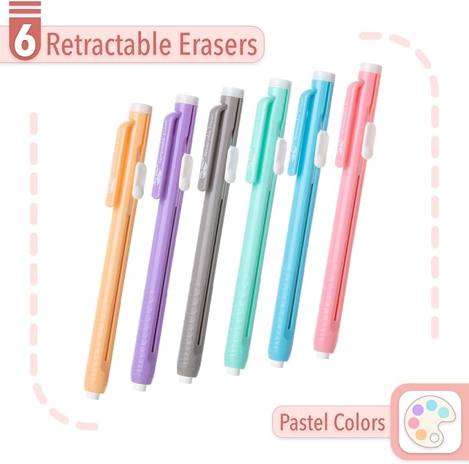 Mr. Pen- Retractable Mechanical Eraser Pens, 6 Pack, Pastel Colors | Latex-Free Precision Pencil Erasers for Artists, Students, Drawing, Sketching & Drafting