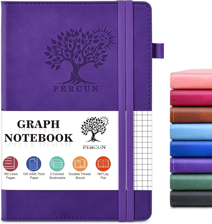 PERCUN A5 Graph Paper Notebook, Leather Journal, 160 Pages Grid Notebook | 5.9"x8.5" hardcover journal with quad ruled paper for work, school, writing, notes, journaling and daily planning.