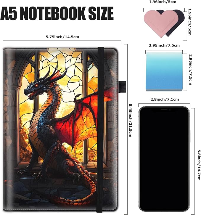 Hardcover Executive Notebooks, A5 PU Leather Lined Journal Notebook, 200 Pages Thick Paper Subject Notebooks for School,Work,Home Writing Business Notebook,Diary Book,Stained Glass Red Glass Dragon