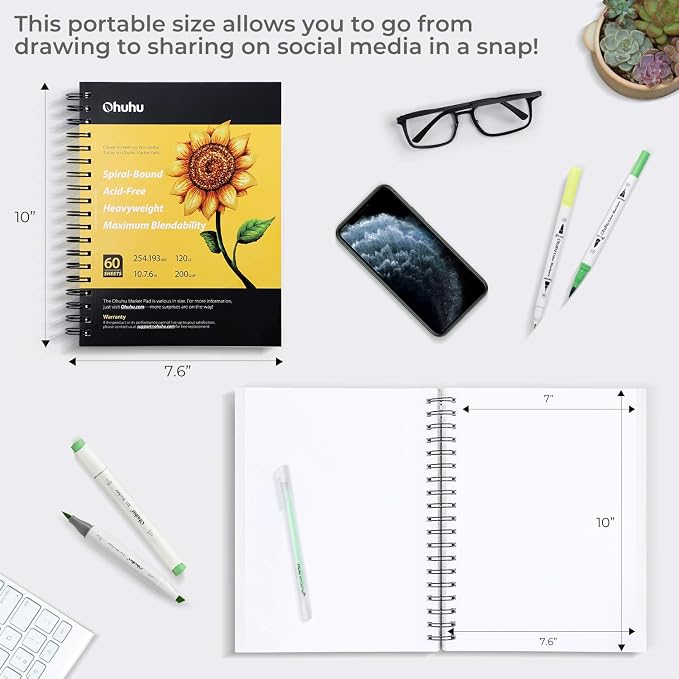 Ohuhu 7"x10" Marker Paper Pad Art Sketchbook for Drawing and Sketching | Large Sketch Book - 120 LB/200 GSM Smooth Drawing Paper - 60 Sheets/120 Pages - Spiral-Bound Sketch Pad for Alcohol Markers