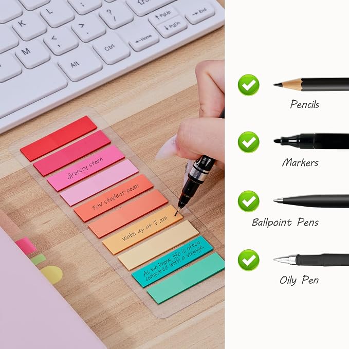 BAYTORY 1800Pcs Transparent Sticky Tabs, 2Pcs Double Marker Pens | See Through Clear Label Stickers, Self-Adhesive Translucent Index Tabs, Sticky Notes for Bible Accessories (Bright Colors)