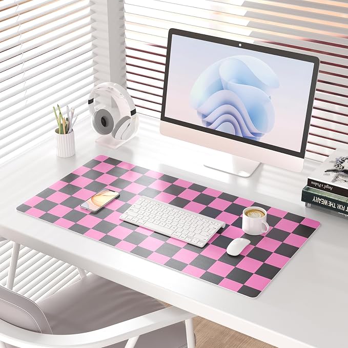 Colorful Star Black Pink Plaid PU Leather Mouse Pad, 31.5" x 15.7" | Waterproof Office Desk Mat, Non-Slip Gaming Mouse Pad, XXL PC Laptop Protector Pads, Desk Writing Pads for Office Home