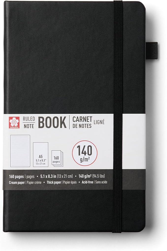 Sakura Notebook Ruled A5 - Japanese-Inspired Lined Notebook for Effortless Writing - 140 GSM Paper - Hardcover - Built-in Pen Holder - Expandable Inner Pocket - Flat-Lay - 5.1 x 8.3" - Black
