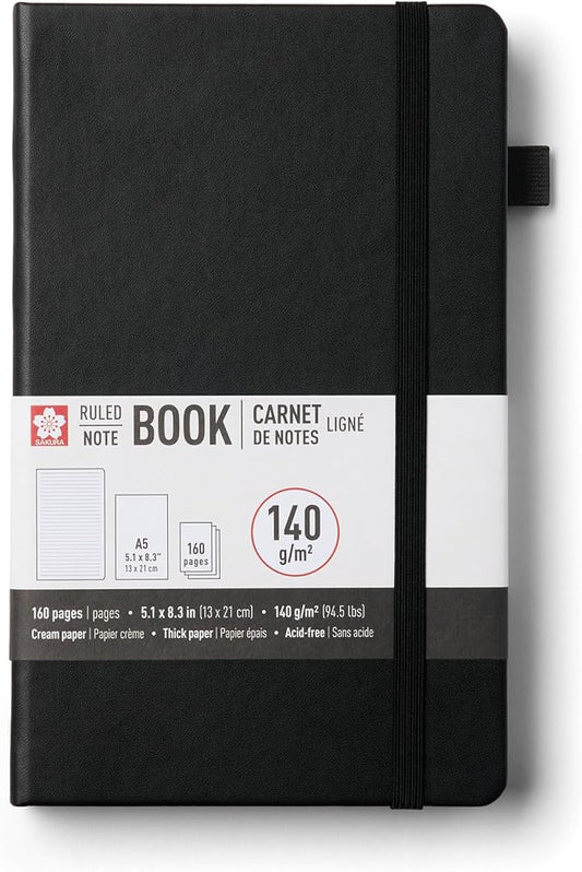 Sakura Notebook Ruled A5 - Japanese-Inspired Lined Notebook for Effortless Writing - 140 GSM Paper - Hardcover - Built-in Pen Holder - Expandable Inner Pocket - Flat-Lay - 5.1 x 8.3" - Black