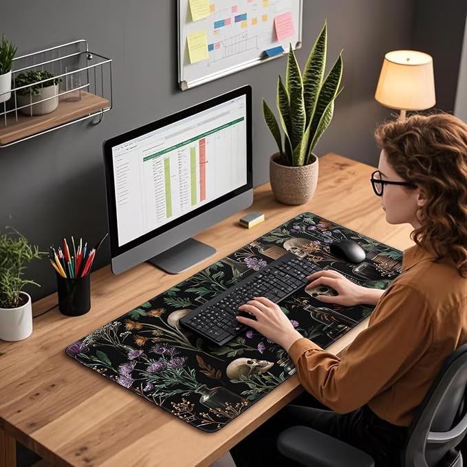 Large Gaming Mouse Pad 31.5x15.7 Inch, XXL Mousepad with Non-Slip Rubber Base & Stitched Edges, Extended Desk Mat for Computer/Laptop/Office/Home Goth Floral Black Mystical