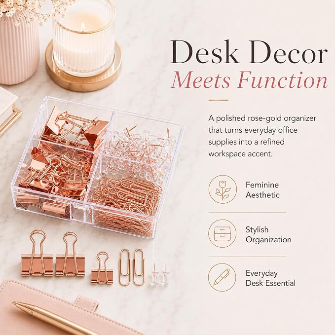 Cute Paper Clips Binder Clips Combo Set, 165 Psc, Assorted Size Paper Clips for Office, Cute Office Supplies Set, Rose-Gold