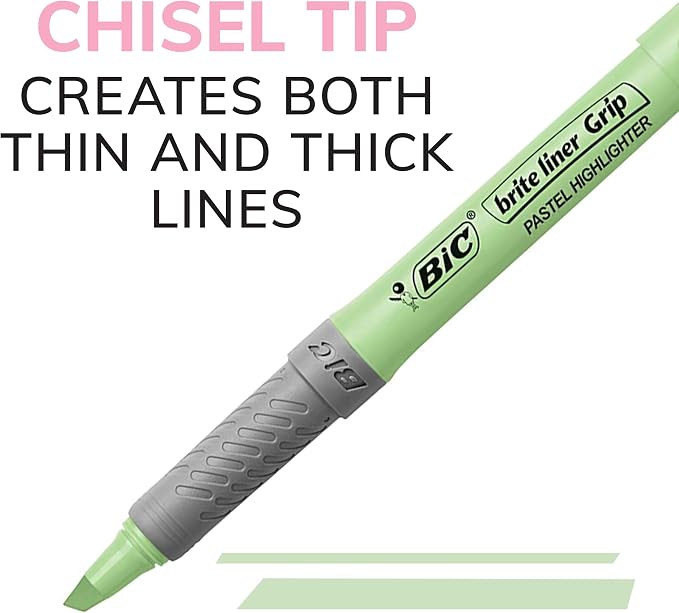 BIC Brite Liner Grip Pastel Highlighter Set, Chisel Tip, School Supplies for Students and Teachers, 12-Count Pack in Pastel Assorted Colors
