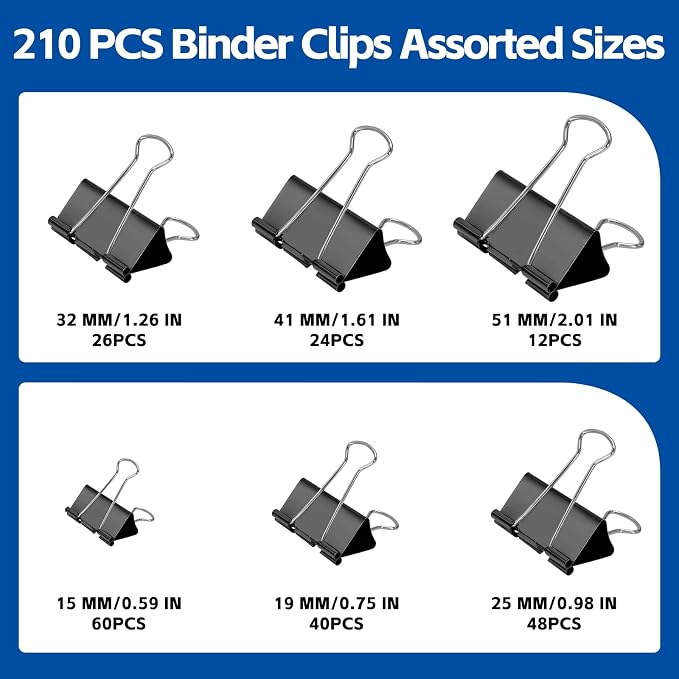 BainGesk 210 PCS Binder Clips Paper Clamps Assorted Sizes, Metal Paper Binder Clips, Black Binding Paperwork Clamp Bulk, 6 Sizes in 6 Boxes, School, Office Supplies