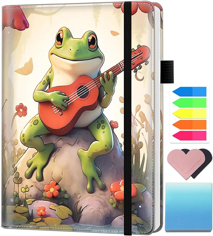 A5 Leather Lined Journal Notebook, 200 Pages Hardcover Executive Notebook for Men Women Office School Note Taking, Thick Writing Paper Daily Journal with Bookmarks/Indexes, Frog Playing Guitar