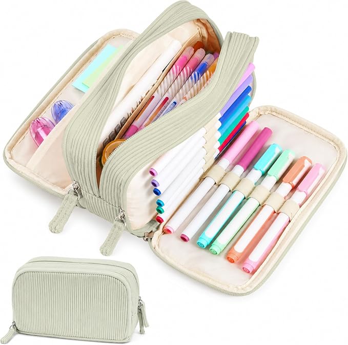 Sooez Big Capacity Pencil Case Pen Pouch, Soft Corduroy Pencil Bag with 3 Compartment, Multiple Pockets, Sturdy Zipper, Cute School Supplies Pen Bag Organizer For Teen Girls College, Green